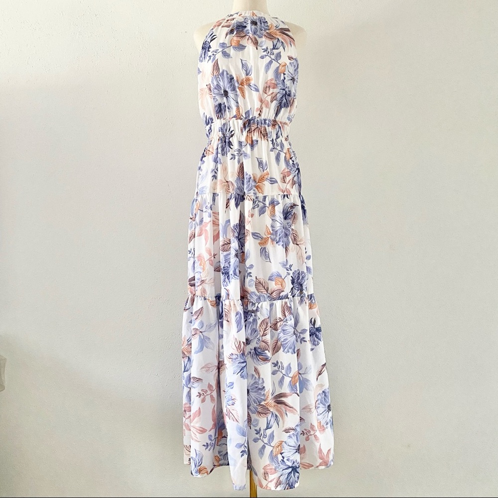 JAPNA Size Medium White/Blue/Pink Floral Halter Style Full Skirt Maxi Long Dress